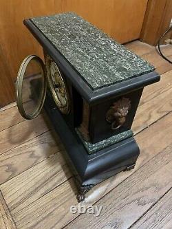 Victorian Antique Mantel Clock, Marble Grain Paint & Lions, Seth Thomas