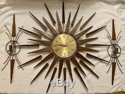 Vintage 28 Seth Thomas STARFLOWER Sunburst Wall Clock & 2 Matching Sconces MCM