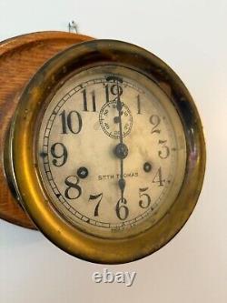 Vintage Antique Seth Thomas Ship's Clock Brass Case & Wood Mount, Made in USA