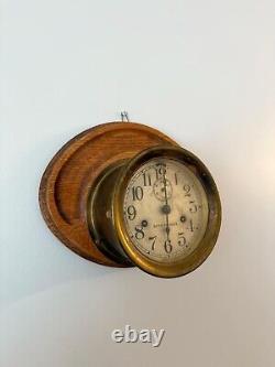 Vintage Antique Seth Thomas Ship's Clock Brass Case & Wood Mount, Made in USA