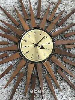Vintage MCM Seth Thomas Starflower Wall Clock Starburst Teak Brass