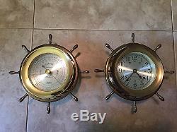 Vintage Mounted Seth Thomas Matching Helmsman Ships Bell Clock & Barometer WoW