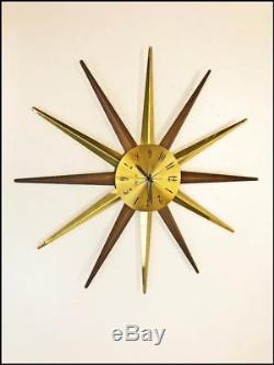 Vintage STARBURST WALL CLOCK mid century modern metal gold danish Seth Thomas
