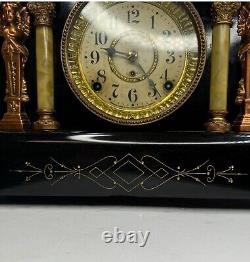 Vintage Seth Thomas 6 Pillar faux Marble Cherubs Mantle Clock Lions Head