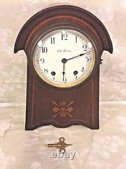 Vintage Seth Thomas Balloon Clock Inlaid Wood Case Runs Strikes Enameled Face