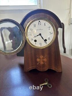 Vintage Seth Thomas Balloon Clock Inlaid Wood Case Runs Strikes Enameled Face