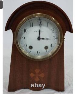 Vintage Seth Thomas Balloon Clock Inlaid Wood Case Runs Strikes Enameled Face