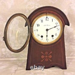 Vintage Seth Thomas Balloon Clock Inlaid Wood Case Runs Strikes Enameled Face