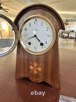 Vintage Seth Thomas Balloon Clock Inlaid Wood Case Runs Strikes Enameled Face