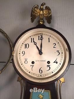 Vintage Seth Thomas Banjo Clock Time & Strike Runs! Mahogany Case Ship Battle