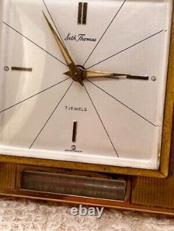 Vintage Seth Thomas Brass Alarm Clock Square 7 Jewel Germany Thermometer