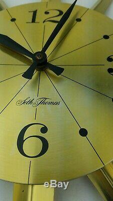 Vintage Seth Thomas Brass Atomic MCM Wall Clock Starburst Sunburst 24