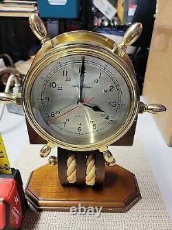 Vintage Seth Thomas Brass Ships Wheel Clock withRope on Teakwood Base (working)