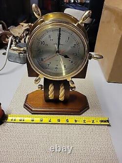 Vintage Seth Thomas Brass Ships Wheel Clock withRope on Teakwood Base (working)