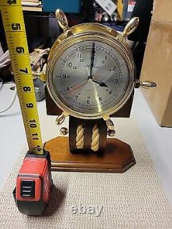 Vintage Seth Thomas Brass Ships Wheel Clock withRope on Teakwood Base (working)