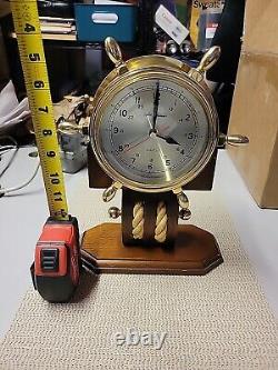 Vintage Seth Thomas Brass Ships Wheel Clock withRope on Teakwood Base (working)