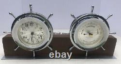 Vintage Seth Thomas Chrome Helmsman Ships Weather Barometer & Bell Clock + Stand