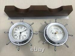 Vintage Seth Thomas Chrome Helmsman Ships Weather Barometer & Bell Clock + Stand