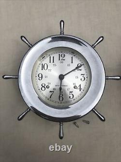 Vintage Seth Thomas Chrome Helmsman Ships Weather Barometer & Bell Clock + Stand