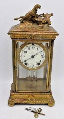 Vintage Seth Thomas Crystal Regulator Clock with Dog & Stag Deer Hunting Scene