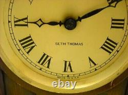 Vintage Seth Thomas Electric Clock Brass Face Plate Dark Wood Case with Key