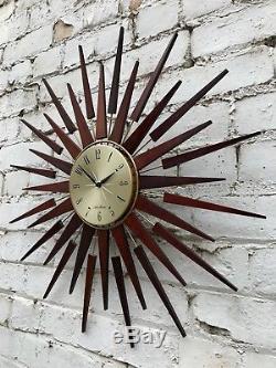 Vtg Mid Century 60's Seth Thomas Sunburst Starburst Teak Wall Clock Retro Atomic