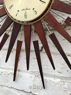 Vtg Mid Century 60's Seth Thomas Sunburst Starburst Teak Wall Clock Retro Atomic