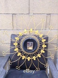 Vtg Mid Century Seth Thomas Yellow Sunburst Starburst Wrought Iron Wall Clock