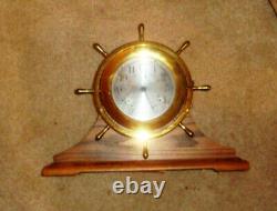 Vtg Seth Thomas 1008 Helmsman-W E537-001 Brass Clock with Key Marine Wood Base