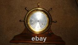 Vtg Seth Thomas 1008 Helmsman-W E537-001 Brass Clock with Key Marine Wood Base