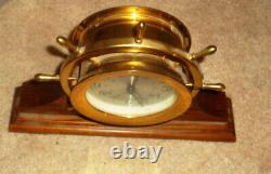 Vtg Seth Thomas 1008 Helmsman-W E537-001 Brass Clock with Key Marine Wood Base