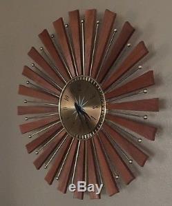 Vtg Seth Thomas Picturesque Starburst Atomic Age Sputnik Brass Wood Clock Rare