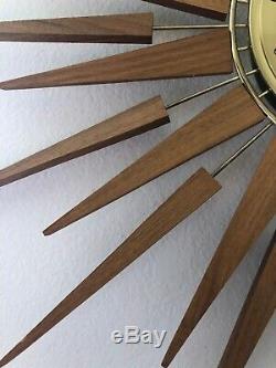 Vtg Teak Seth Thomas Wall Clock Mid Century Modern Starburst StarFlower E631-001