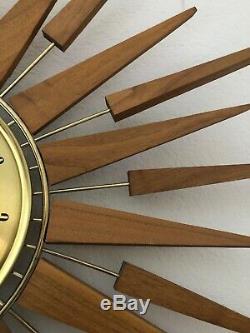 Vtg Teak Seth Thomas Wall Clock Mid Century Modern Starburst StarFlower E631-001