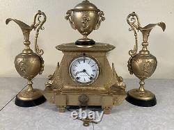 WORKS! VINTAGE ANTIQUE SETH THOMAS SONS & CO 3PC METAL CLOCK EWER SET GREEK Lion