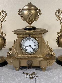 WORKS! VINTAGE ANTIQUE SETH THOMAS SONS & CO 3PC METAL CLOCK EWER SET GREEK Lion