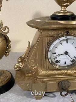 WORKS! VINTAGE ANTIQUE SETH THOMAS SONS & CO 3PC METAL CLOCK EWER SET GREEK Lion