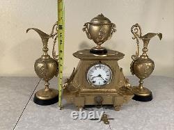 WORKS! VINTAGE ANTIQUE SETH THOMAS SONS & CO 3PC METAL CLOCK EWER SET GREEK Lion