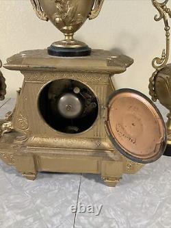 WORKS! VINTAGE ANTIQUE SETH THOMAS SONS & CO 3PC METAL CLOCK EWER SET GREEK Lion