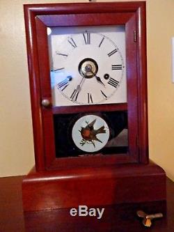 Working Antique Seth Thomas 30 Hour Cottage Clock With Reverse Painted Bird