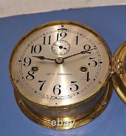 Working Antique Seth Thomas Ship's Clock Brass Movement & Case Dual- Spring +Key